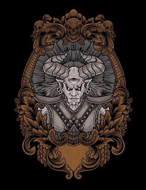 Illustration badass demon with Engraving ornament