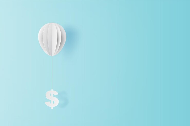 青い空にドル記号でバルーンフライのイラスト。ビジネスと管理のコンセプトのアイデア。あなたのテキストのための創造的なデザインの紙のカットとクラフトスタイルのシーン。パステルカラーで。金融交換。ベクトル