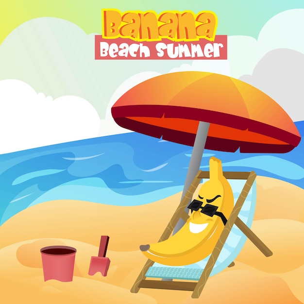 illustration of banana mascot wearing glasses relaxing on the beach