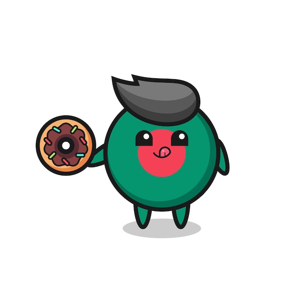 Illustration of an bangladesh flag badge character eating a doughnut