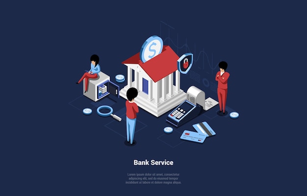 Vector illustration of banking service on blue dark background with three characters.