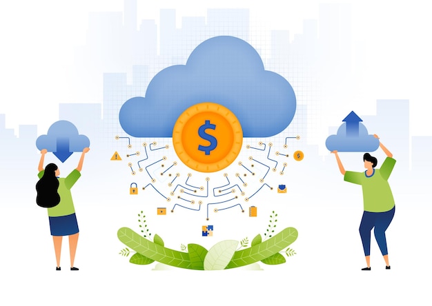 Vettore l'illustrazione del sistema bancario con le persone cloud sviluppa il caricamento e il download del cloud per le attività di investimento di prestiti finanziari di transazione può essere utilizzato per brochure di applicazioni di manifesti di siti web