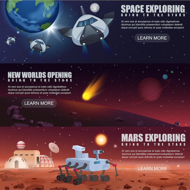 illustration banner template of space flight spaceships exploration, alien planets in outer space, galaxy Mars rover and colonization.