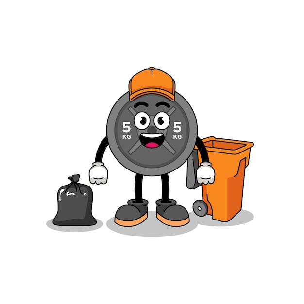 Illustration of barbell plate cartoon as a garbage collector