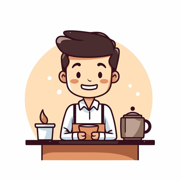 Vettore illustrazione di un barista che sorride e tiene in mano una tazza di caffè