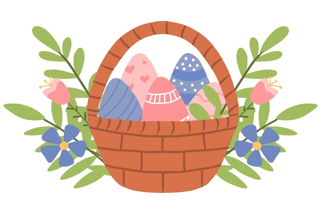 Illustration of a basket easter eggs. Vector illustration. Cute illustration of a basket with decorated eggs. Vector illustration