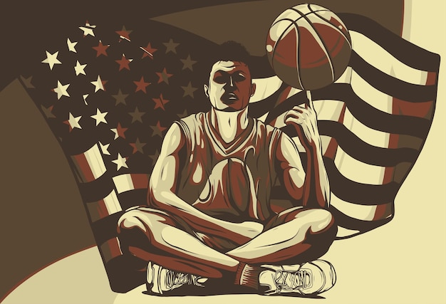 Vettore illustrazione del giocatore di basket con la bandiera americana