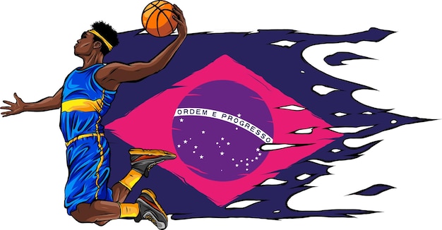 Vettore illustrazione del giocatore di basket con la bandiera del brasile