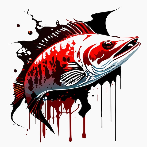 Vector illustration of a bass fish with a white background blood dripping ink tattoo