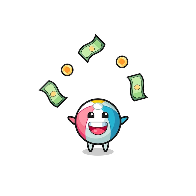 Vector illustration of the beach ball catching money falling from the sky