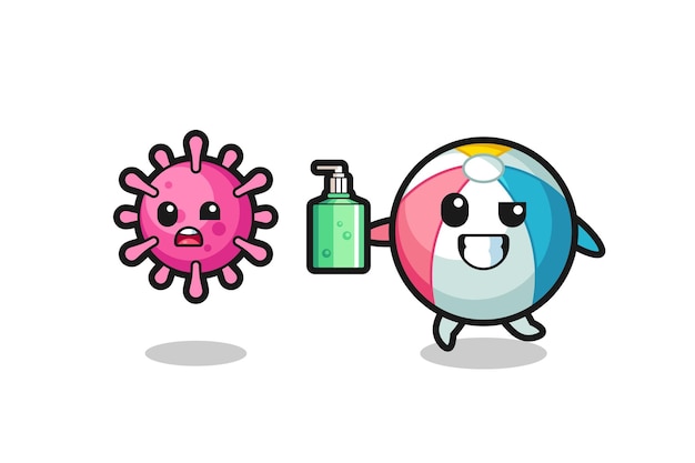 Vector illustration of beach ball character chasing evil virus with hand sanitizer