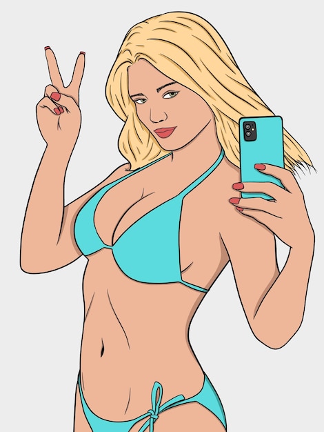 Illustrazione di una ragazza sulla spiaggia che si fa un selfie