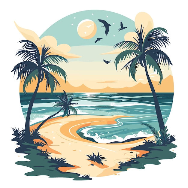 Vector illustration of a beach scene with palm trees and seagulls