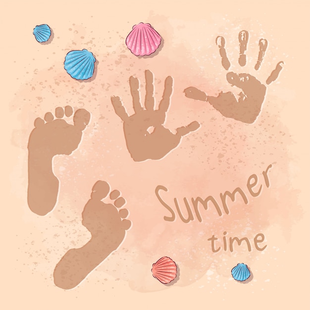Vettore illustrazione della festa estiva sulla spiaggia con impronte sulla sabbia