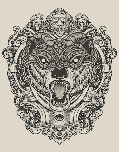 Illustration bear head with vintage engraving ornament style