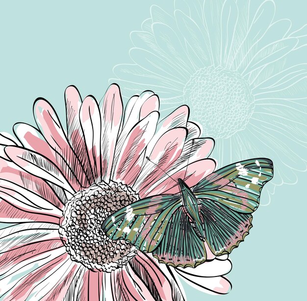 꽃 주위를 비행하는 아름다운 나비의 그림
