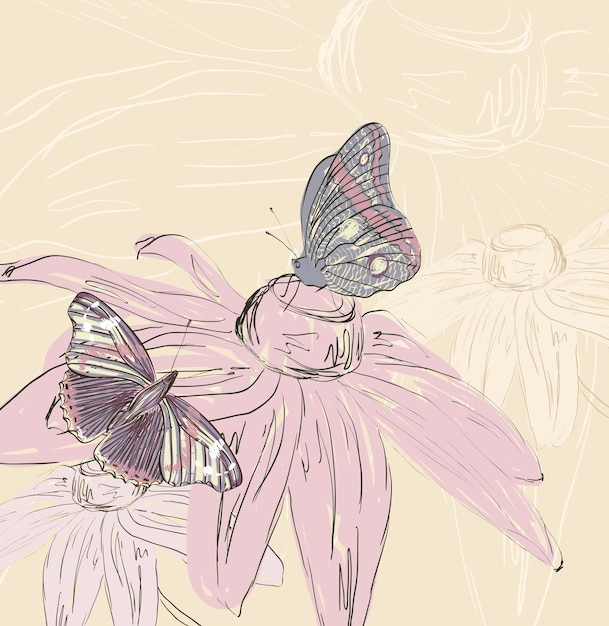 Illustration of beautiful butterflies flying around flower