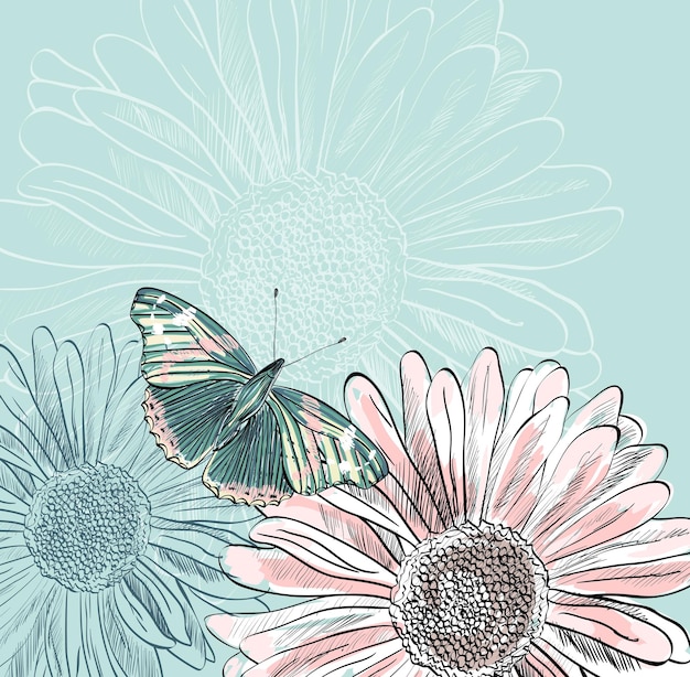 Illustration of beautiful butterfly flying around flower.