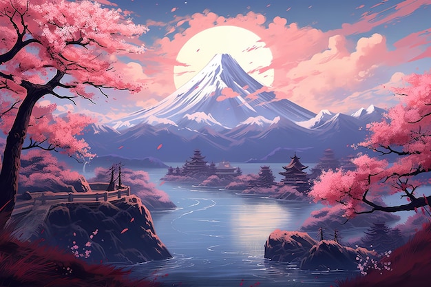 Vettore illustrazione di una bellissima cina huangshan paesaggio montagne fiume