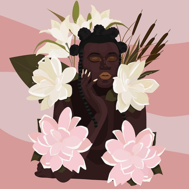 Illustration of a beautiful dark-skinned girl in flowers on an orange background