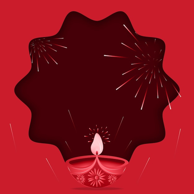 Vettore illustrazione del bellissimo diwali diya con petardi su sfondo rosso