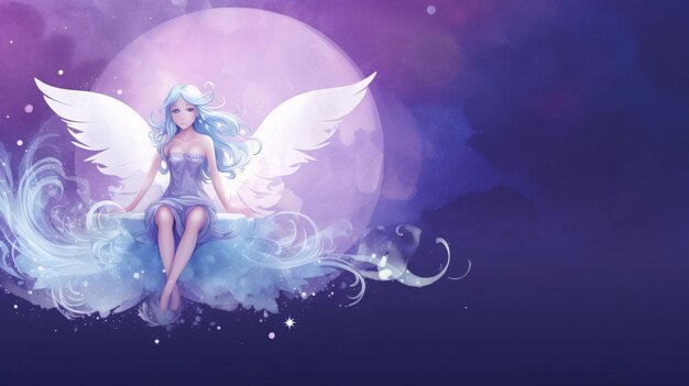 Vector illustration of a beautiful fairy sitting on a blue cloud in the night