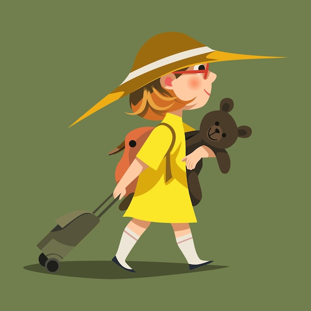 Illustrazione di una bella ragazza che va in vacanza tirando una valigia e tenendo una bambola