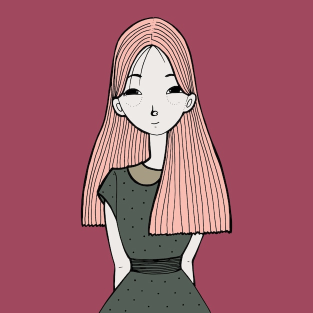 An Illustration of a beautiful girl with long pink hair