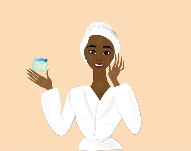 Vector illustration of a beautiful lady with face cream in her hand charming lady after a shower in a bathrobe applies cream on her face and neck skin glows with youthfulness and health