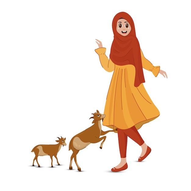 Illustration of beautiful muslim young lady with mother goat and baby goat on white background