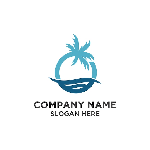 Illustration of a beautiful ocean with palm trees logo design