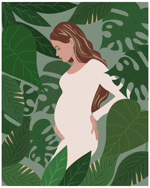 Illustrazione di una bella donna incinta in un abito leggero su uno sfondo di foglie tropicali poster