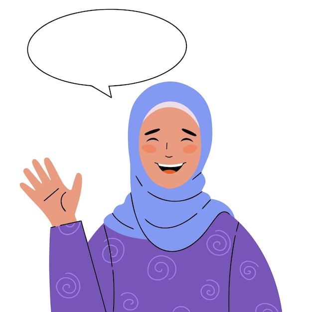 Vector illustration of a beautiful smiling muslim woman in a headscarf with a welcoming gesture