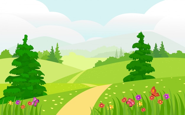 illustration of a beautiful summer landscape. Spring landscape flowers and trees