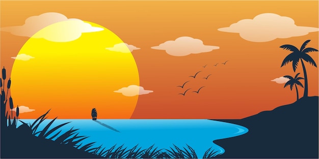 Vettore illustrazione di un bel tramonto dalla riva del fiume