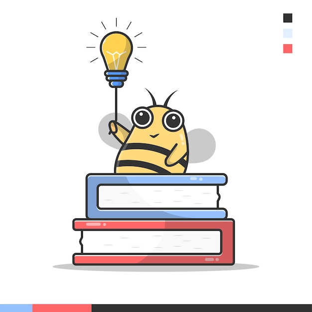 Vector illustration of a bee holding a lamp out of a book