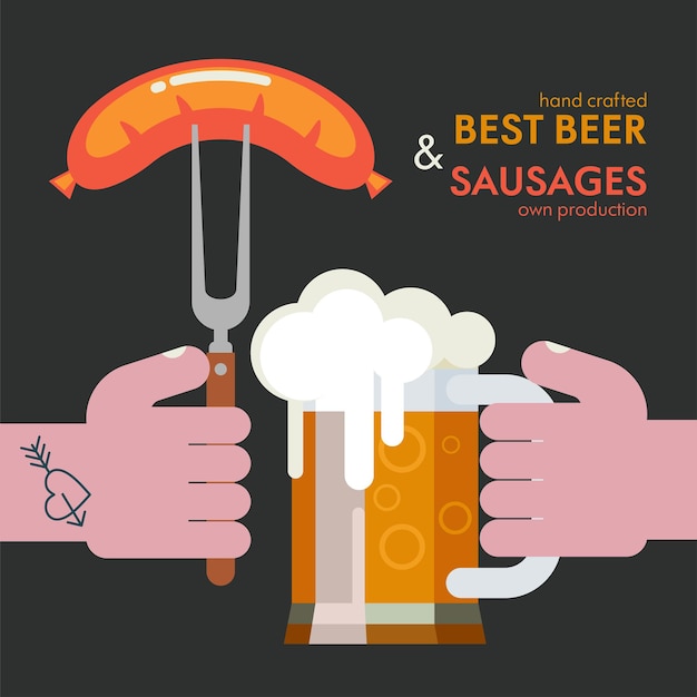 Vector illustration of a beer mug and a fried sausage.