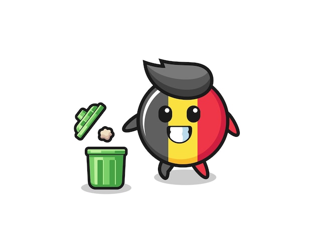 Illustration of the belgium flag throwing garbage in the trash can , cute design