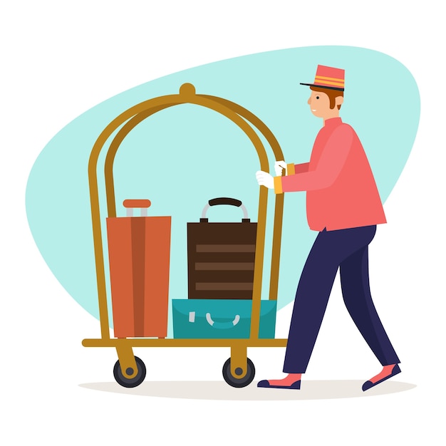 Illustration of a bellboy carrying luggage and bags from a hotel visitor using a trolley