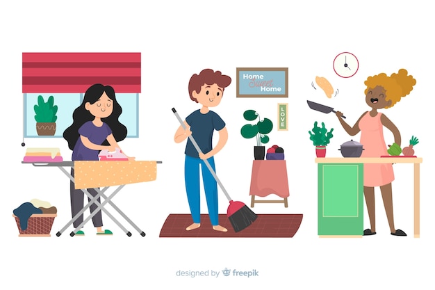 Vector illustration of best friends doing housework together