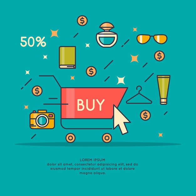 illustration of best sale in cartoon style with telephone, shopping cart, hand and different products.