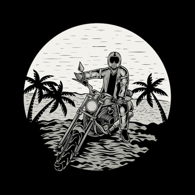 Illustration biker with motorcycle on the beach vintage engraving frame