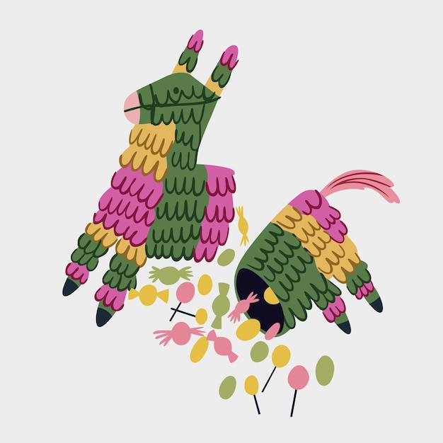 Illustrazione di una bambola pinata di compleanno divisa in due caramelle che cadono