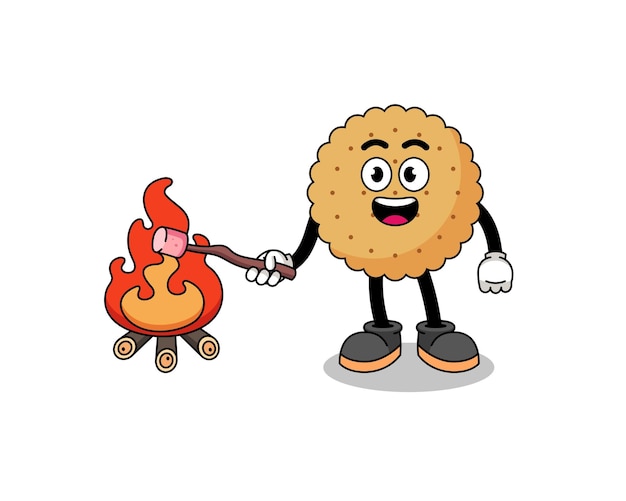 Illustration of biscuit round burning a marshmallow character design