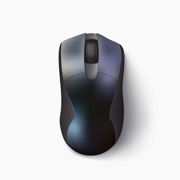 Illustration of black color shiny modern computer mouse above view with realistic shadow on white background