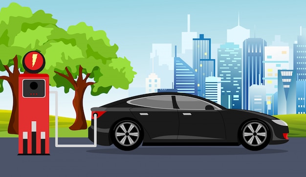 Illustration of black electric car and charging station green tree, sun, blue sky background.  electric car infographic concept.