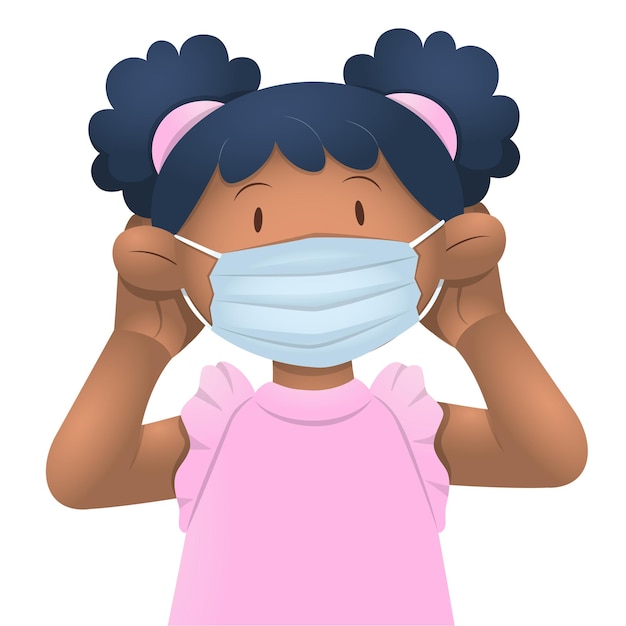 Illustration of a black girl putting on her face mask