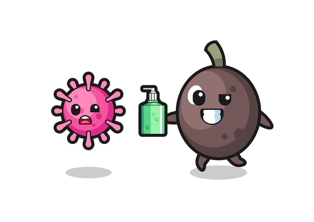 Illustration of black olive character chasing evil virus with hand sanitizer