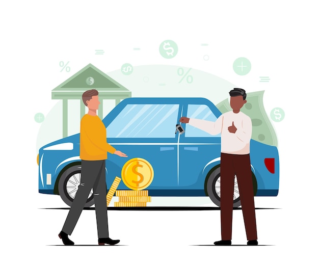 Illustration of a black seller man hands over the keys to the client Purchase sale or rental car