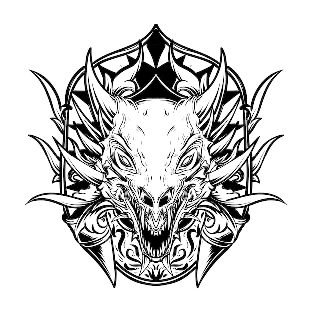 Illustration of  black and white hand drawn dragon head